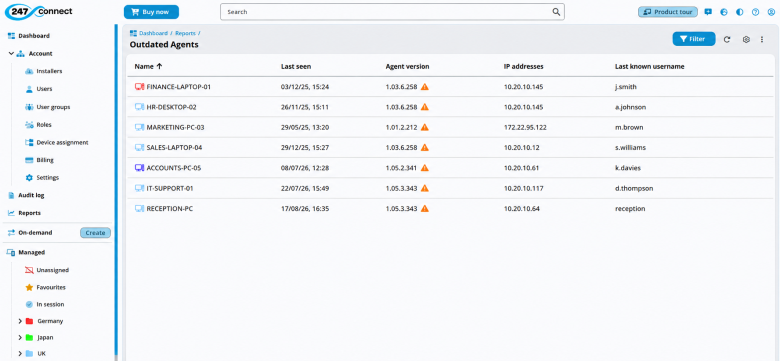 Outdated Agents report showing devices that are not running the latest Agent version.